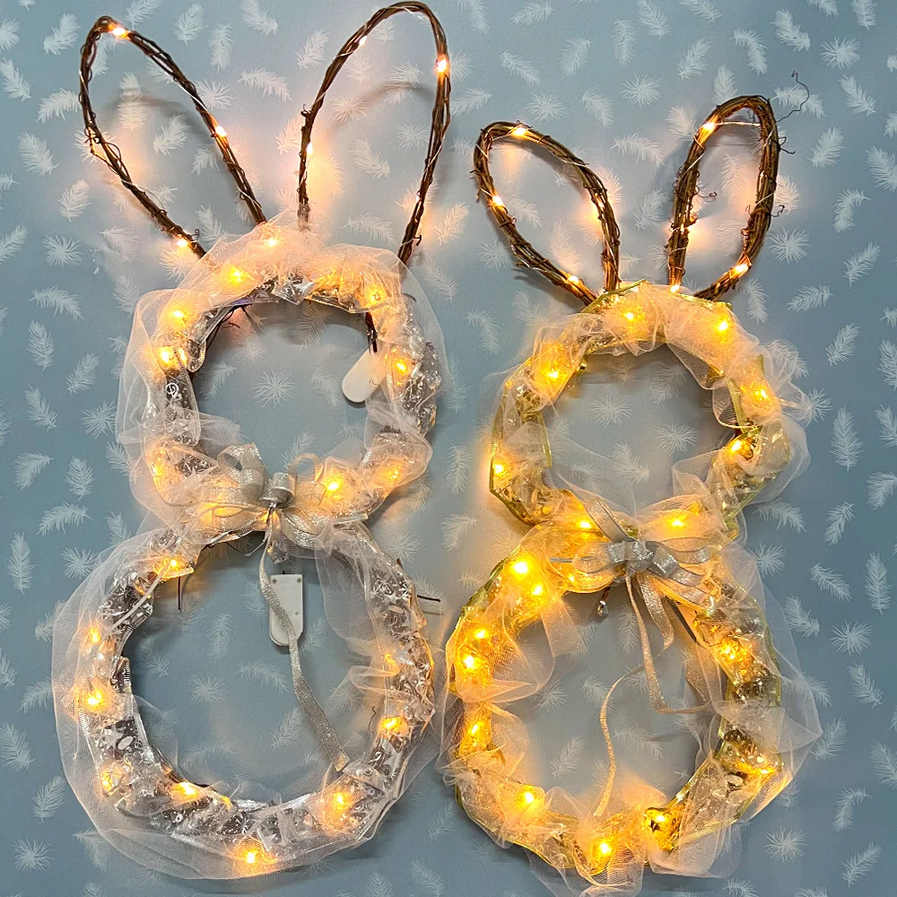 New Design LED Easter Wreath Bunny Easter Decoration Handmade Gold Silver Ribbon Yarn Rabbit Rattan Wreath Decorations for Home
New Design LED Easter Wreath Bunny Easter Decoration Handmade Gold Silver Ribbon Yarn Rabbit Rattan Wreath Decorations for Home