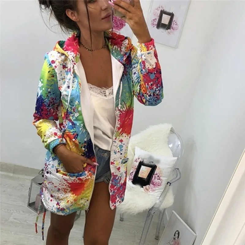 Women Print Jackets Spring Colourful Tie Dyeing Hooded Women Sweatshirt Casual Pocket Zipper Loose Plus size Female Outwear
Women Print Jackets Spring Colourful Tie Dyeing Hooded Women Sweatshirt Casual Pocket Zipper Loose Plus size Female Outwear
