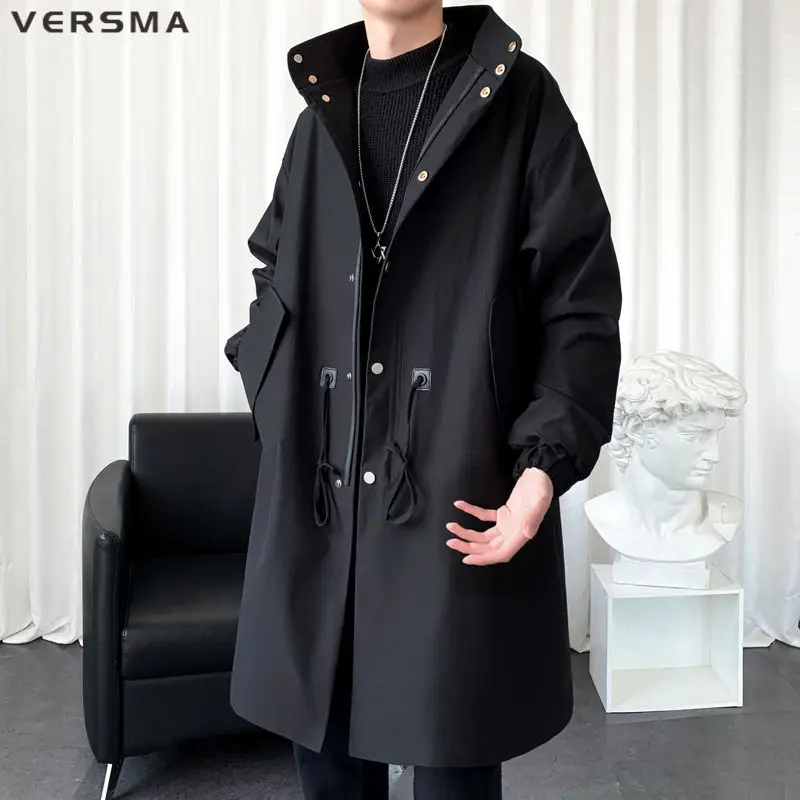 Трендовый черный мужской длинный Тренч VERSMA в Корейском стиле однотонный