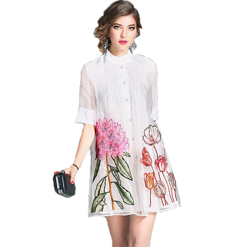 Summer Fashion Embroidery Organza Loose A-Line Women Dress Single Breasted Spring Mini Floral Elegant White Dress Party Dress