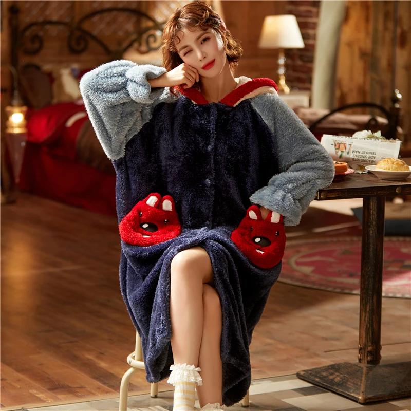 Women Sleepwear Plush Nightdress Winter Pajamas Hooded Keep Warm Night-Robe Loose Version Medium Style Inspissate Nightgown
Women Sleepwear Plush Nightdress Winter Pajamas Hooded Keep Warm Night-Robe Loose Version Medium Style Inspissate Nightgown