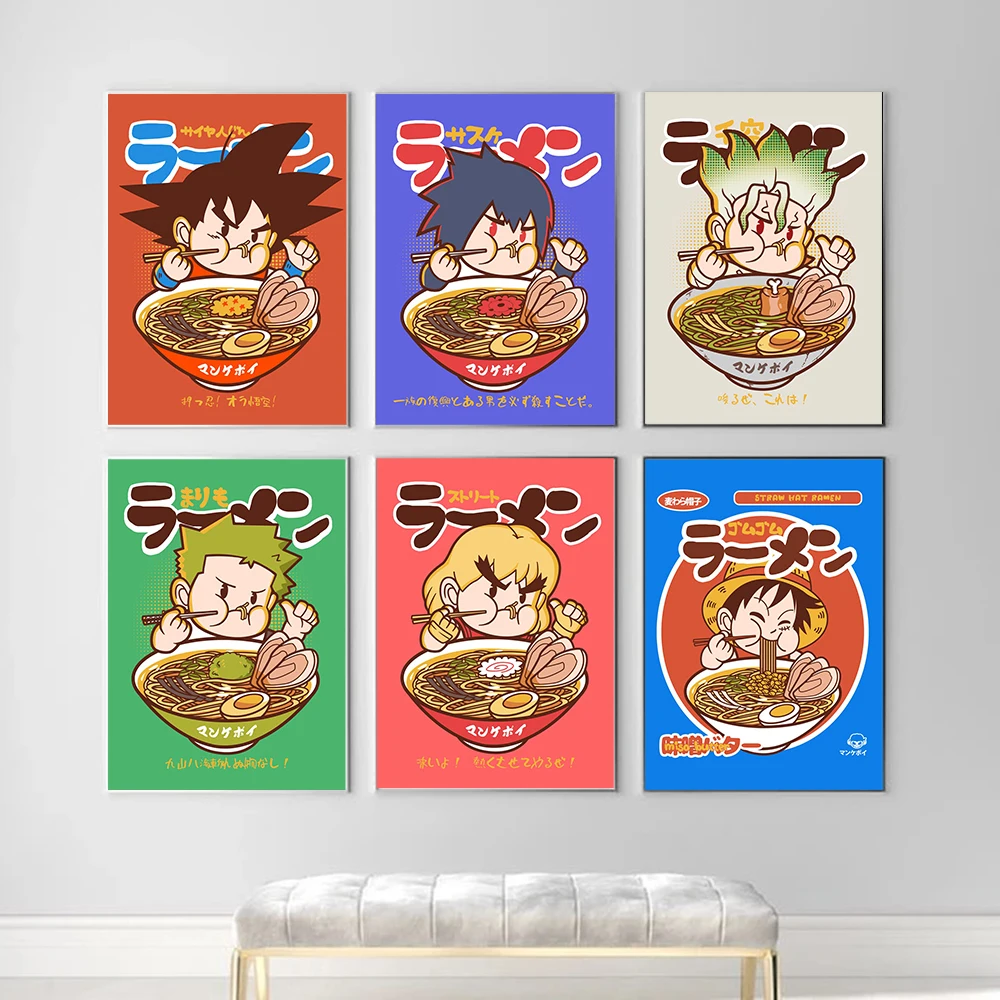 

Japanese Food Wall Art Prints Funny Anime Cartoon Character Ramen Noodles Poster Kitchen Art Canvas Painting Pictures Home Decor