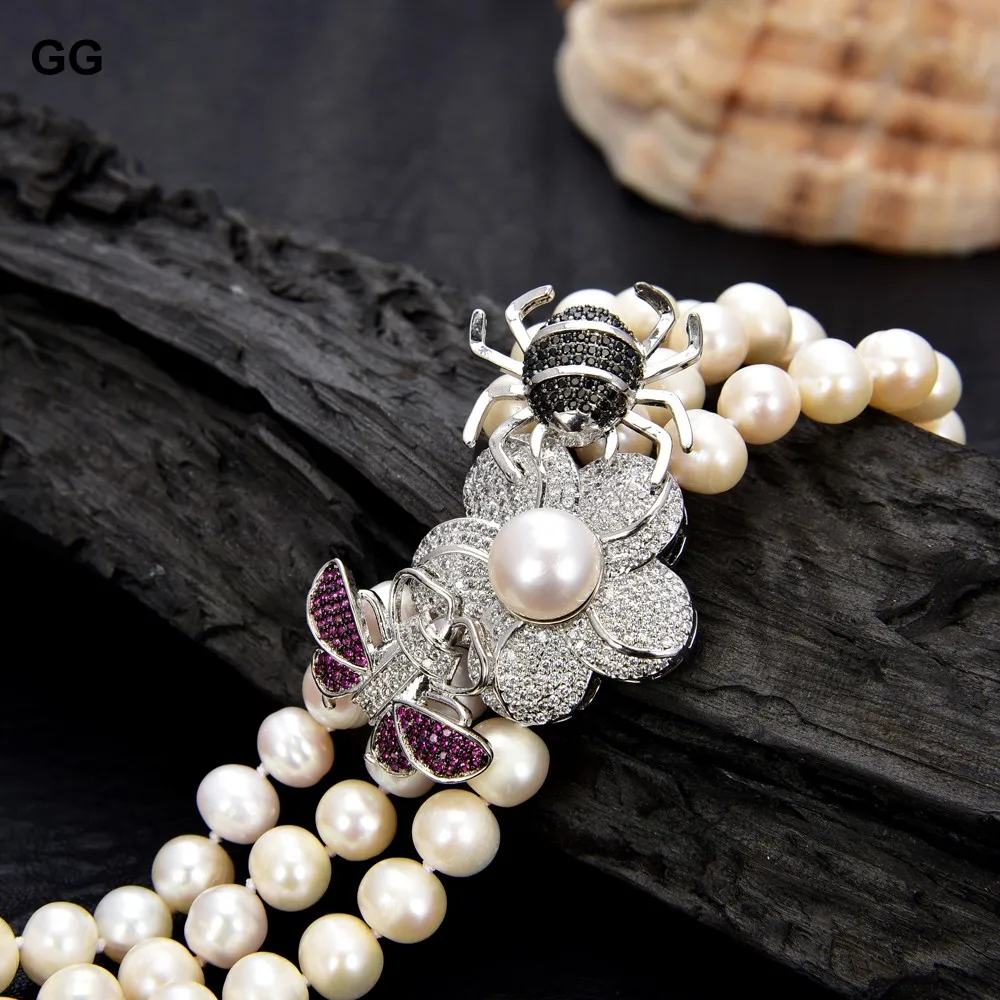 GuaiGuai Jewelry 8" 3 Rows Freshwater White Pearl Bracelet CZ Pave Insect Bee Connector For Women
GuaiGuai Jewelry 8" 3 Rows Freshwater White Pearl Bracelet CZ Pave Insect Bee Connector For Women
