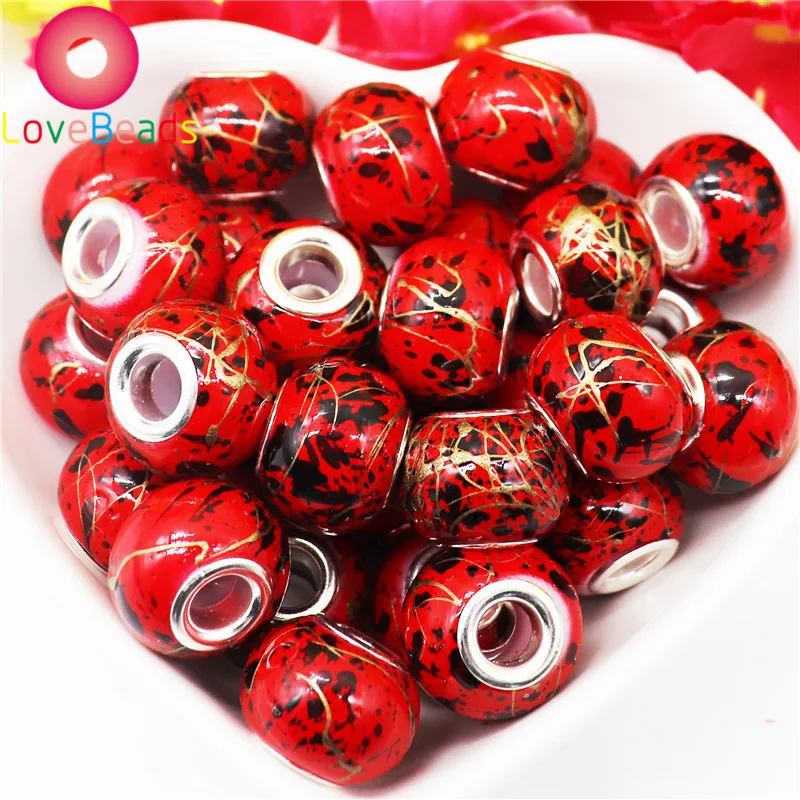 

10Pcs Red Color Round European Flower Charms Murano Glass Big Hole Beads Spacer for Jewelry Making Fit Pandora Charm Bracelet