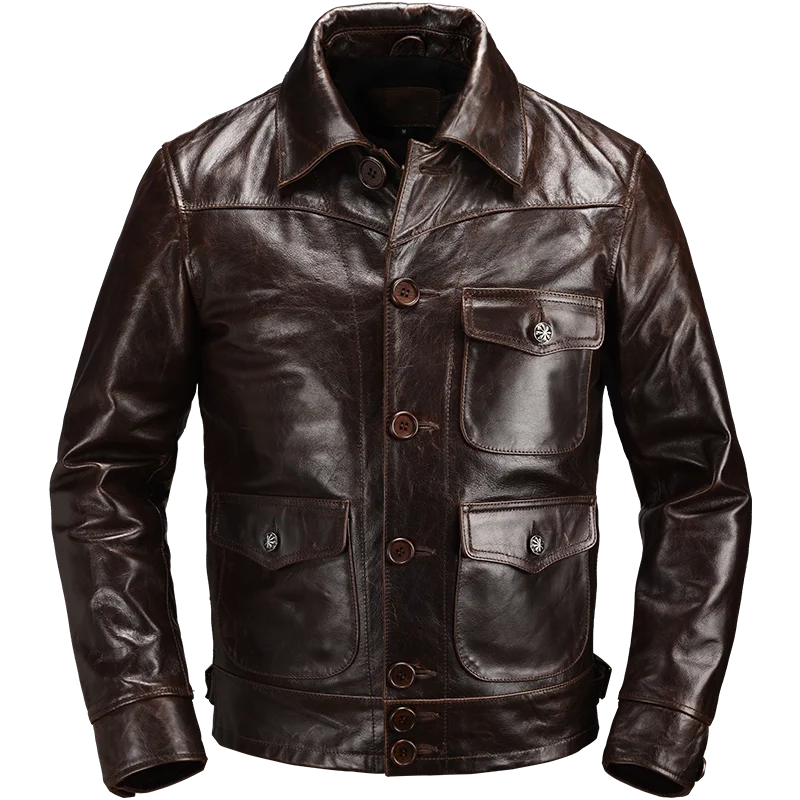 2020 Dark Brown American Casual Style Men Leather Jacket Single Breasted Plus Size XXXL Genuine Cowhide Autumn Natural Coat
2020 Dark Brown American Casual Style Men Leather Jacket Single Breasted Plus Size XXXL Genuine Cowhide Autumn Natural Coat