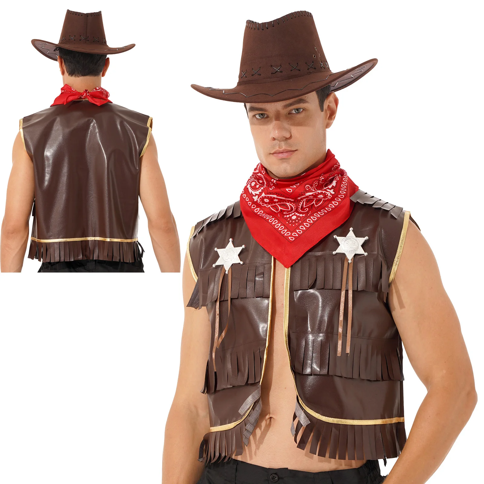 3Pcs Mens Western Cowboy Costume Halloween Cosplay Fancy Dress Party Handsome Cowboy Costume Hat PU Leather Vest Scarf Suit
3Pcs Mens Western Cowboy Costume Halloween Cosplay Fancy Dress Party Handsome Cowboy Costume Hat PU Leather Vest Scarf Suit