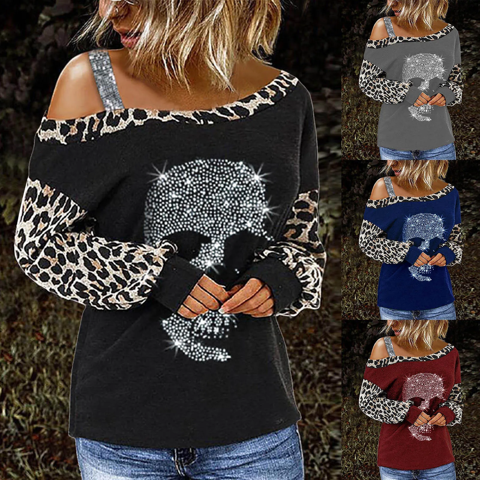 Fashion Diamonds Skull Blouse Shirts Cold Shoulder Tops Tee Female Women Long Sleeve Shirt Blusas Femininas Clothing Pullovers
Fashion Diamonds Skull Blouse Shirts Cold Shoulder Tops Tee Female Women Long Sleeve Shirt Blusas Femininas Clothing Pullovers