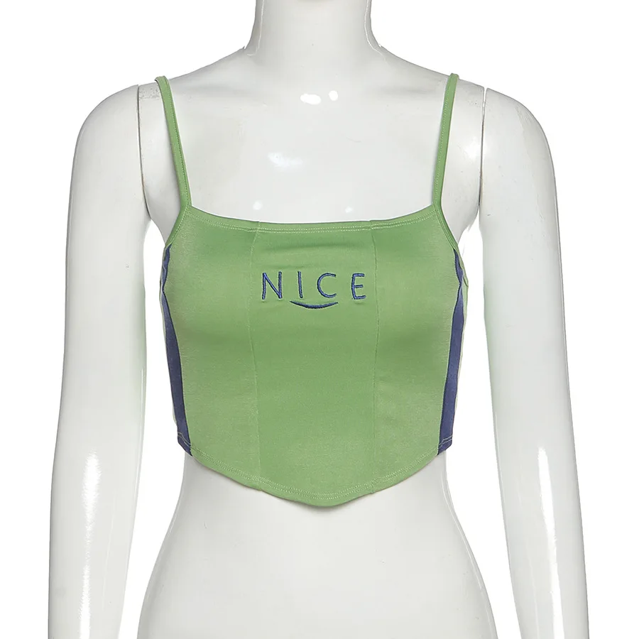 Summer Tank Tops Y2K Letter Green Blue Stitching Letter Embroidery Sexy Camisole Sleeveless Sling Type Body Blouse Aesthetic
Summer Tank Tops Y2K Letter Green Blue Stitching Letter Embroidery Sexy Camisole Sleeveless Sling Type Body Blouse Aesthetic