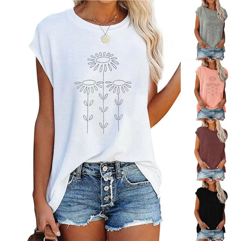 Women's t Shirt Summer White Top Crew Neck Loose Flower Printed Top Short Sleeve Casual T-shirt Female 
Women's t Shirt Summer White Top Crew Neck Loose Flower Printed Top Short Sleeve Casual T-shirt Female