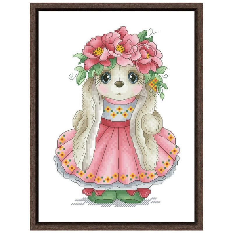 

Peony rabbit cross stitch kits cartoon bunny pattern 18ct 14ct 11ct white fabric cotton thread DIY embroidery kit for beginners