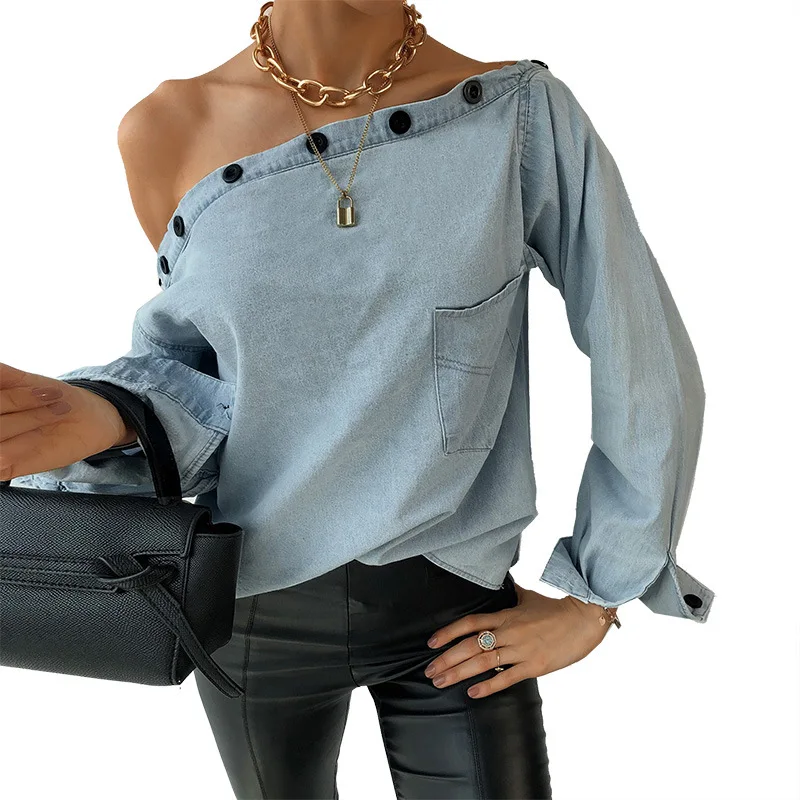 2021 high quality women jeand blouse sexy denim slash neck shirt spring autumn street button clothes drop shipping
2021 high quality women jeand blouse sexy denim slash neck shirt spring autumn street button clothes drop shipping