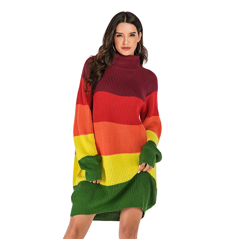 

SKTSUUC, Свободный Полосатый Радужный свитер, Женский пуловер, осень 2019, водолазка, вязаный свитер, пэчворк, длинный рукав, пуловеры