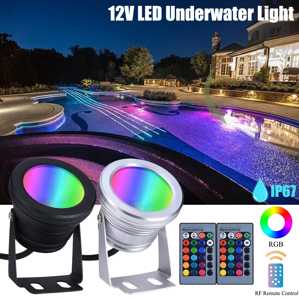 

LED Underwater Flood Light Multi-Color Adjustable Waterproof Spotlight 10W 12V RGB Fountain Light 16 Color Changing Submersible