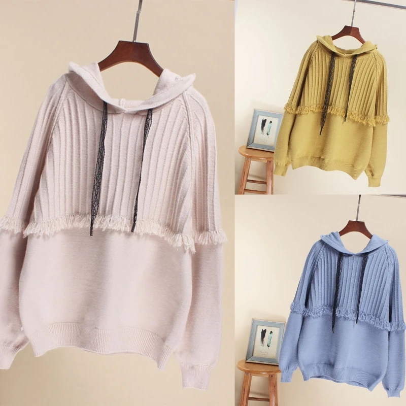 Women Autumn Winter Long Sleeves Hooded Knitted Sweater Korean Style Solid Color Drawstring Tassel Pullover Loose Jumper Casual
Women Autumn Winter Long Sleeves Hooded Knitted Sweater Korean Style Solid Color Drawstring Tassel Pullover Loose Jumper Casual