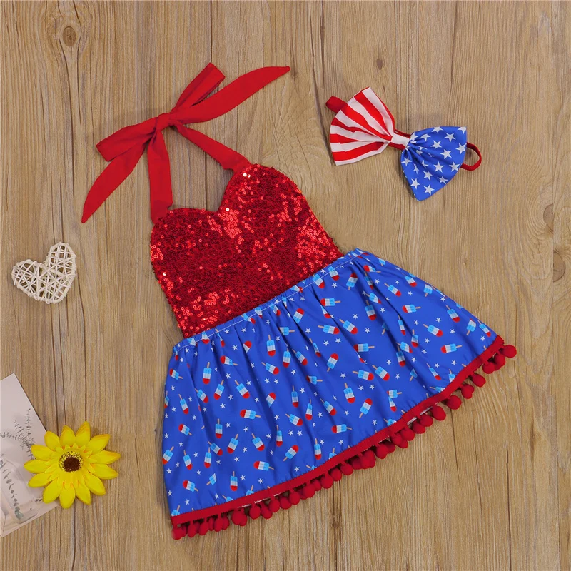 

2Pcs Baby Independence Day Outfit, Sequin Ice Cream Print Halter Neck Romper Skirt + Hairband for Toddler Girls, 0-24 Months