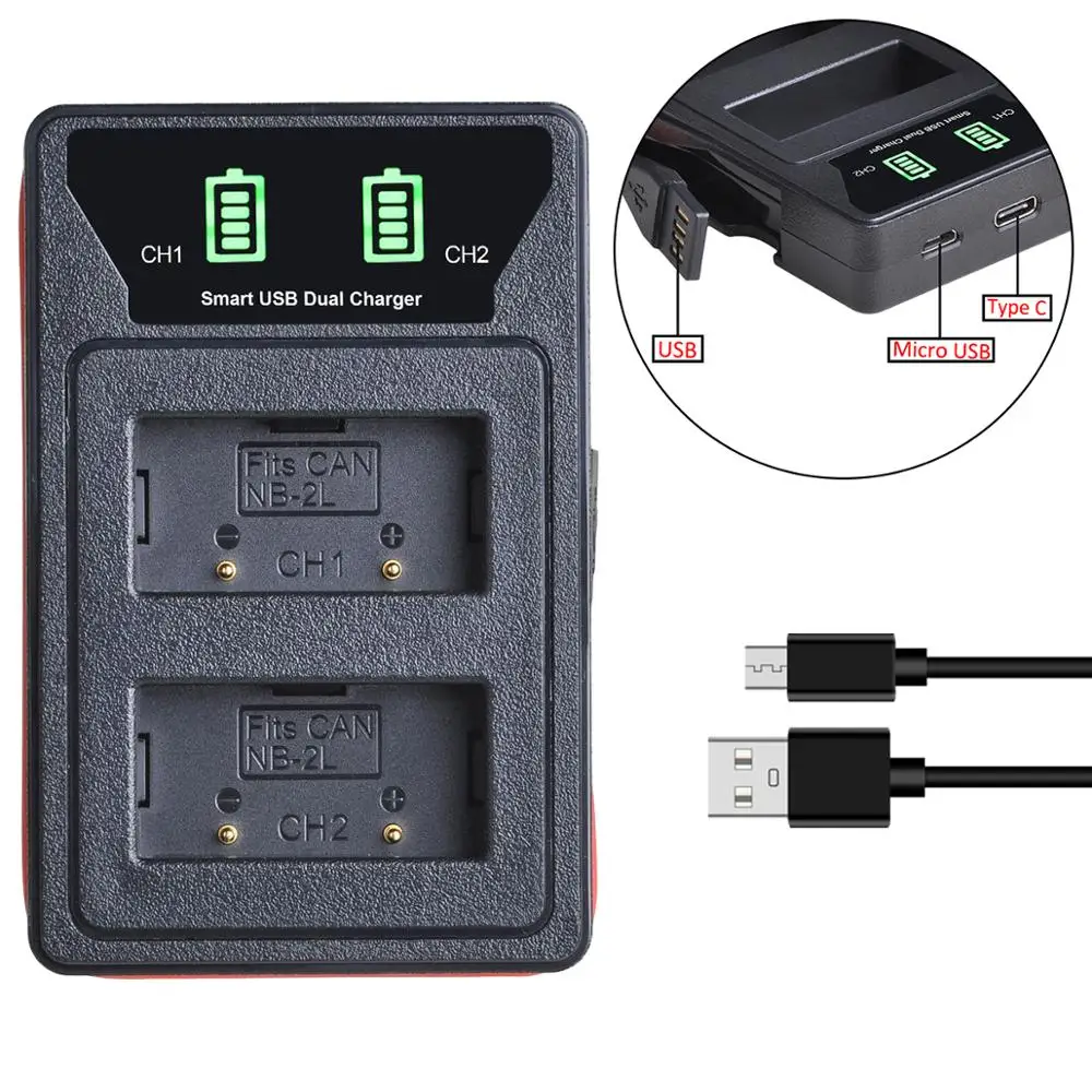 Зарядное устройство для аккумуляторов с USB и портом Type-C Canon NB2L NB2LH EOS 400D S80 S70 S50 S60 350D