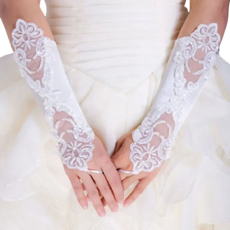 Фото Женские свадебные перчатки без пальцев однотонные длинные с блестками и