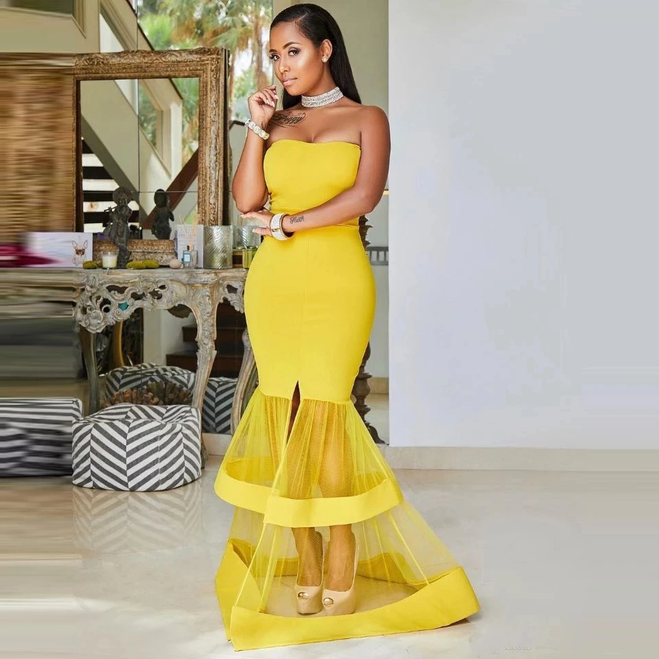 Yellow Mermaid / Trumpet Net/Tulle Strapless Flouncing Floor length Sleeveless Front/Side Slit Layered Evening Dresses
Yellow Mermaid / Trumpet Net/Tulle Strapless Flouncing Floor length Sleeveless Front/Side Slit Layered Evening Dresses