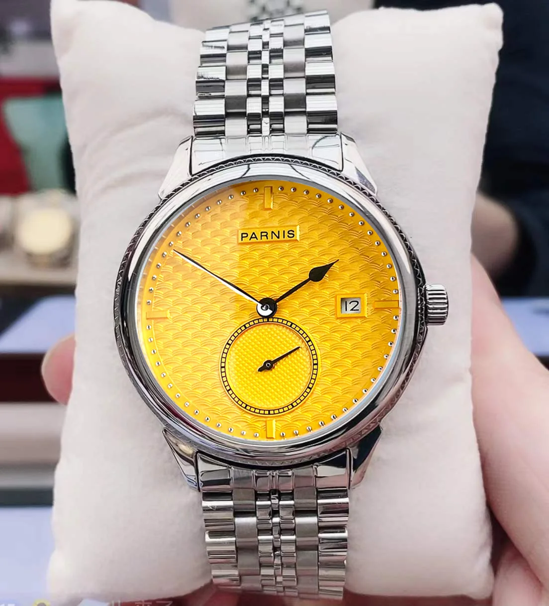 New Arrival Parnis 42mm Yellow Dial Automatic Men's Watch Calendar Stainless Steel Strap Mechanical Watches Relogio Masculino 
New Arrival Parnis 42mm Yellow Dial Automatic Men's Watch Calendar Stainless Steel Strap Mechanical Watches Relogio Masculino
