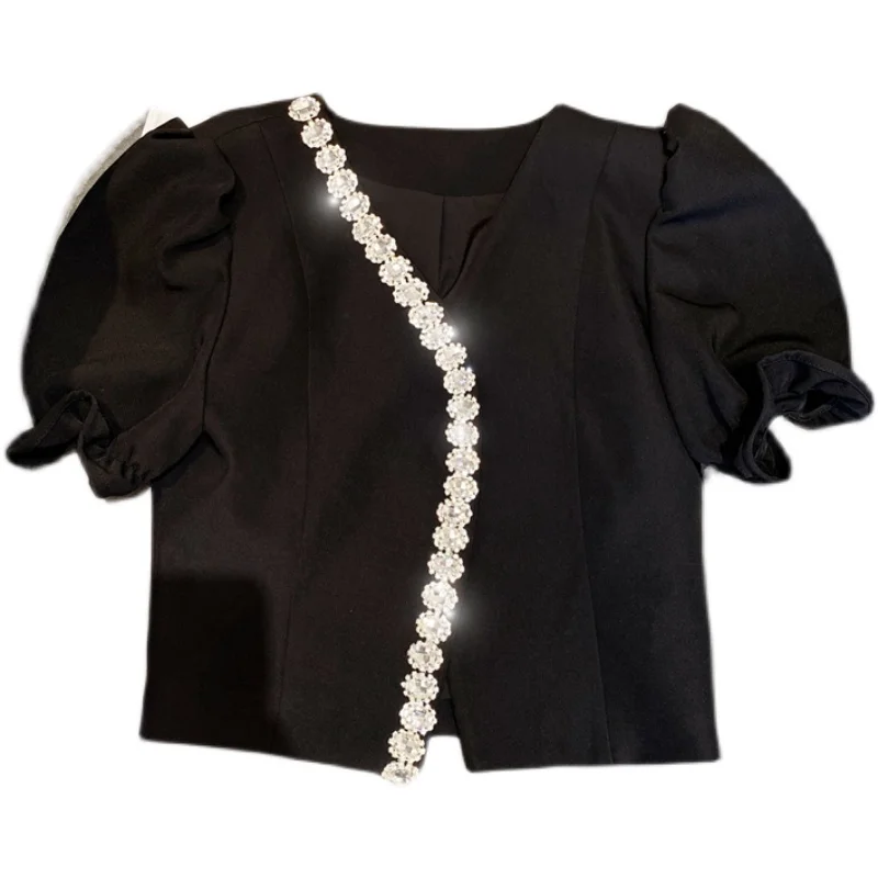 2021 Autumn Top Women New Rhinestone Edging V-neck Short Puff Sleeve Shirt Lady Chic Blusas Blouses White Black
2021 Autumn Top Women New Rhinestone Edging V-neck Short Puff Sleeve Shirt Lady Chic Blusas Blouses White Black