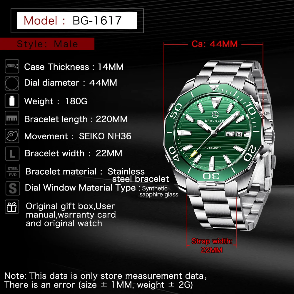 BERSIGAR Sapphire Glass NH36 Automatic Watch 100M Waterproof Sports Fashion Luxury luminous Mechanical Watches Relogio Masculino
BERSIGAR Sapphire Glass NH36 Automatic Watch 100M Waterproof Sports Fashion Luxury luminous Mechanical Watches Relogio Masculino