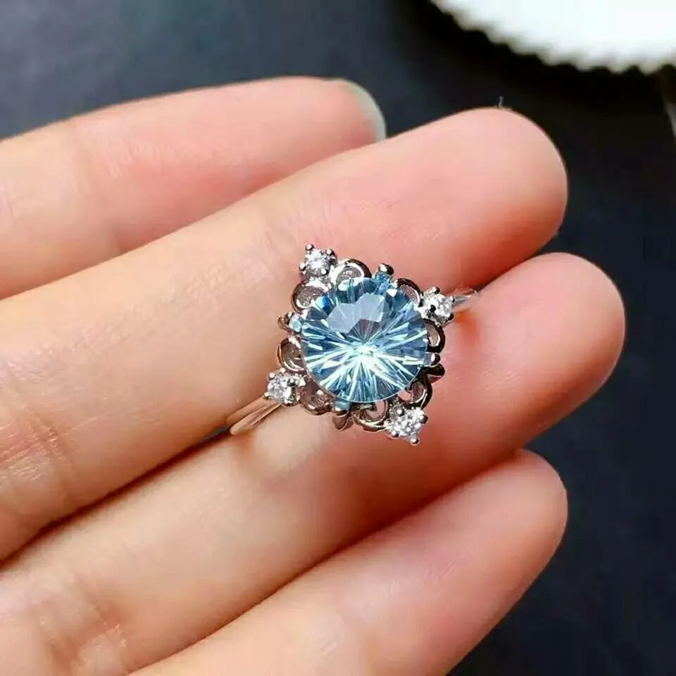 

2020 newest natural Topaz Gemstone Ring blue color round natural gem certified fireworks real 925 silver girl birthday gift