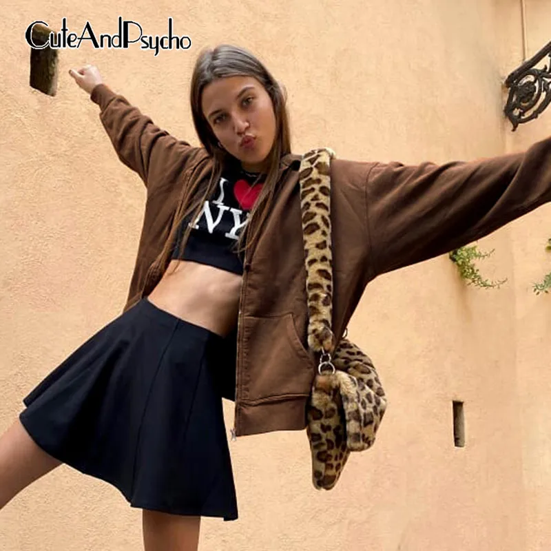 Vintage Aesthetic Jackets for Women Oversized Autumn Casual Brown Hooded Coats Streetwear Joggers Harajuku Top Cuteandpsycho | Женская