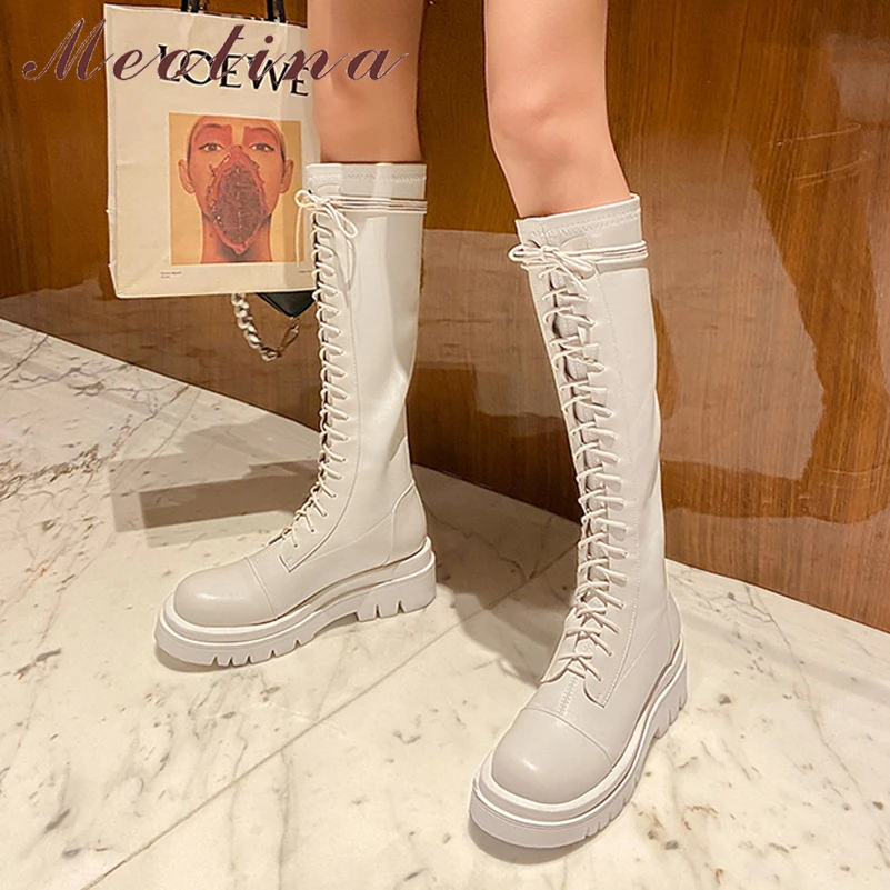 Meotina Women Genuine Leather Knee High Boots Platform Round Toe Thick Med Heel Motorcycle Boots Lace Up Ladies Boots Autumn 43
Meotina Women Genuine Leather Knee High Boots Platform Round Toe Thick Med Heel Motorcycle Boots Lace Up Ladies Boots Autumn 43