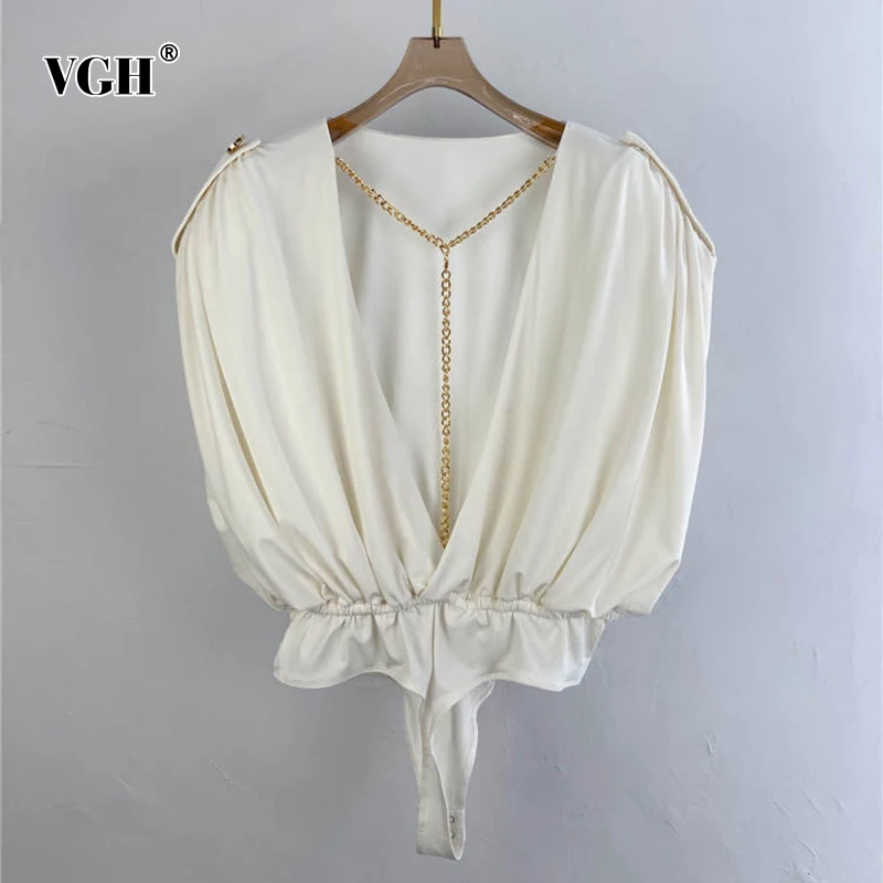 VGH Sexy Playsuits For Women V Neck Patchwork Chain Loose Ruched Straight Solid Jumpsuits Female 2021 Spring Clothing Fashion
VGH Sexy Playsuits For Women V Neck Patchwork Chain Loose Ruched Straight Solid Jumpsuits Female 2021 Spring Clothing Fashion