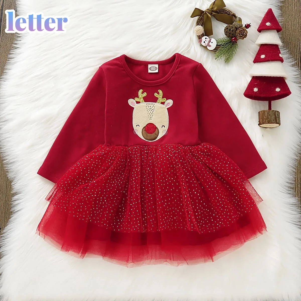 

Christmas Print Tutu Dress for 1-4Y Baby Girl O Neck Christmas Cartoon Deer Long Sleeve Shirt Tulle Dress Xmas Party Dresses