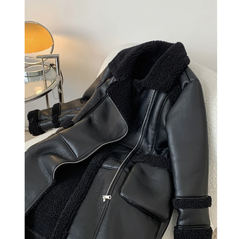 Winter Retro Black Stand Collar Sheepskin Overcoat Women Thick Faux Leather Fur Long Coat Za PU Jacker Warm Motorycle Coat
Winter Retro Black Stand Collar Sheepskin Overcoat Women Thick Faux Leather Fur Long Coat Za PU Jacker Warm Motorycle Coat