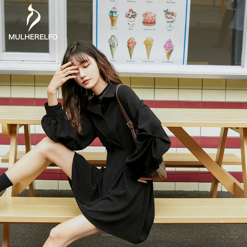 Lapel Buttons Lantern Sleeve Female Dress Korean Stitching Design Black A-Line Dress High Waisted Slim Women's Clothing Dresses
Lapel Buttons Lantern Sleeve Female Dress Korean Stitching Design Black A-Line Dress High Waisted Slim Women's Clothing Dresses