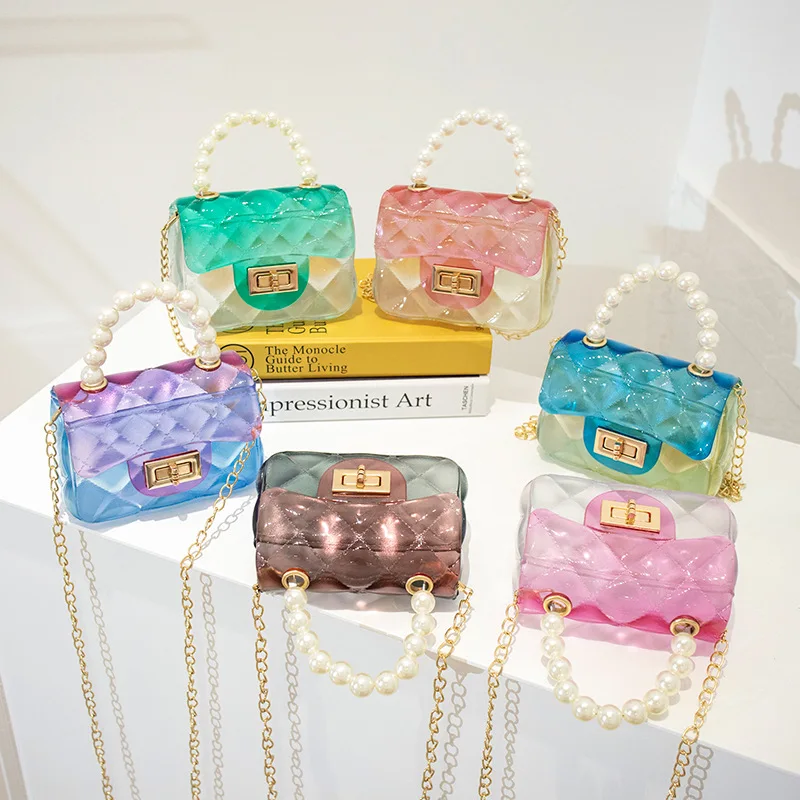 

Women Gradient Colorful Jelly Bag Pearl Handle Small Square Bag Girls Chain Shoulder Bag Messager Bag Purses New Fashion Bag