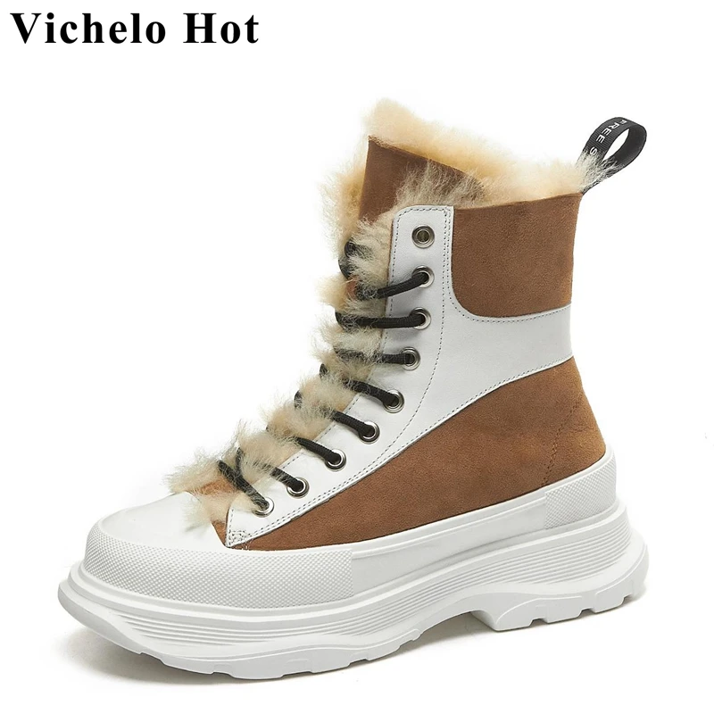 

Ботильоны Vichelo женские зимние из флока, повседневные ботинки на толстой плоской подошве, с перекрестной шнуровкой, с натуральным мехом, с кр...