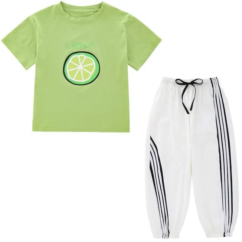 Комплект летней одежды для девочек-подростков футболка с лимонным узором + штаны