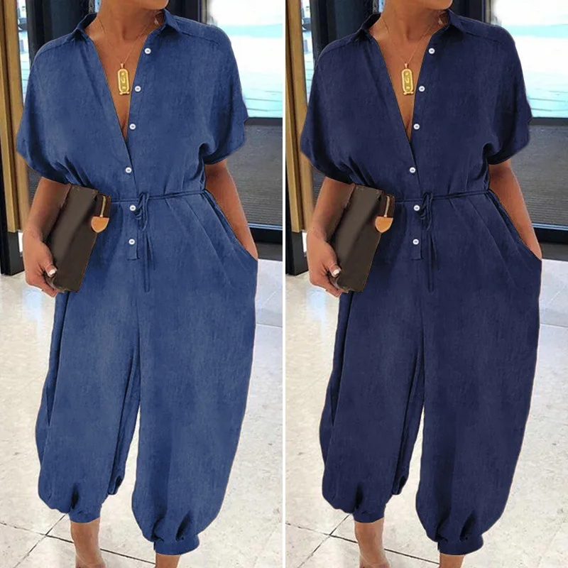2021 spring new European and American solid color plus size casual short-sleeved denim jumpsuit
2021 spring new European and American solid color plus size casual short-sleeved denim jumpsuit