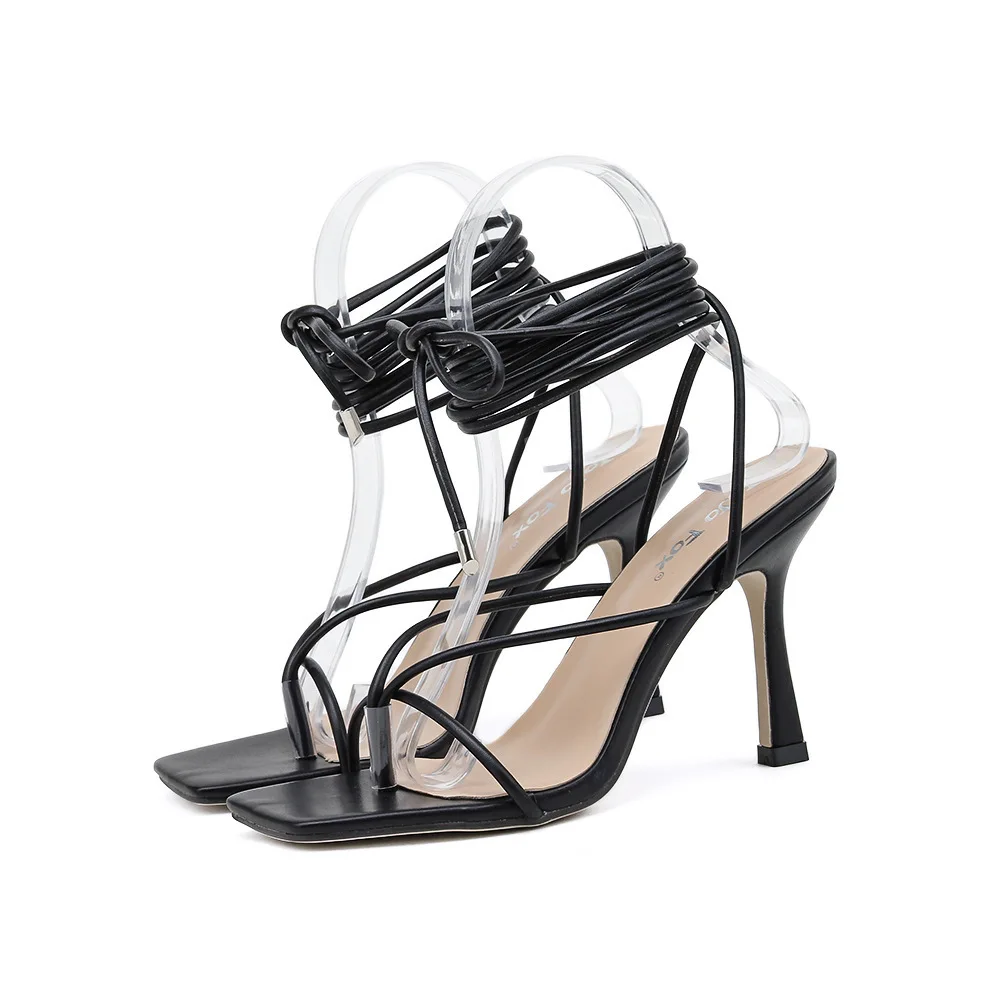 Women's shoes style square toe clip open toe solid color foot ring lace up high heel sandals
Women's shoes style square toe clip open toe solid color foot ring lace up high heel sandals