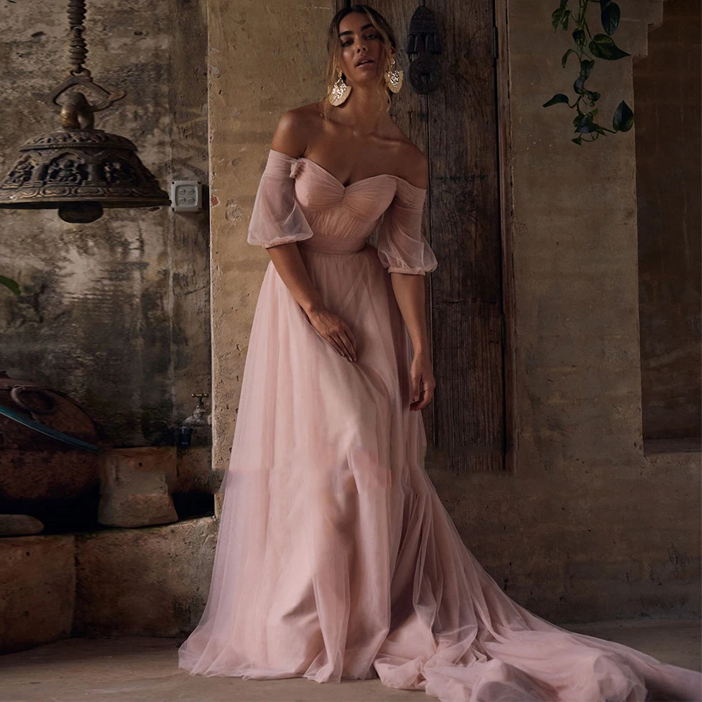 Romantic Pink Boho Wedding Dress A-Line Sweetheart Off Shoulder Zipper Back Tulle Sweep Train 2021 Bride Gowns Vestido De Noiva
Romantic Pink Boho Wedding Dress A-Line Sweetheart Off Shoulder Zipper Back Tulle Sweep Train 2021 Bride Gowns Vestido De Noiva
