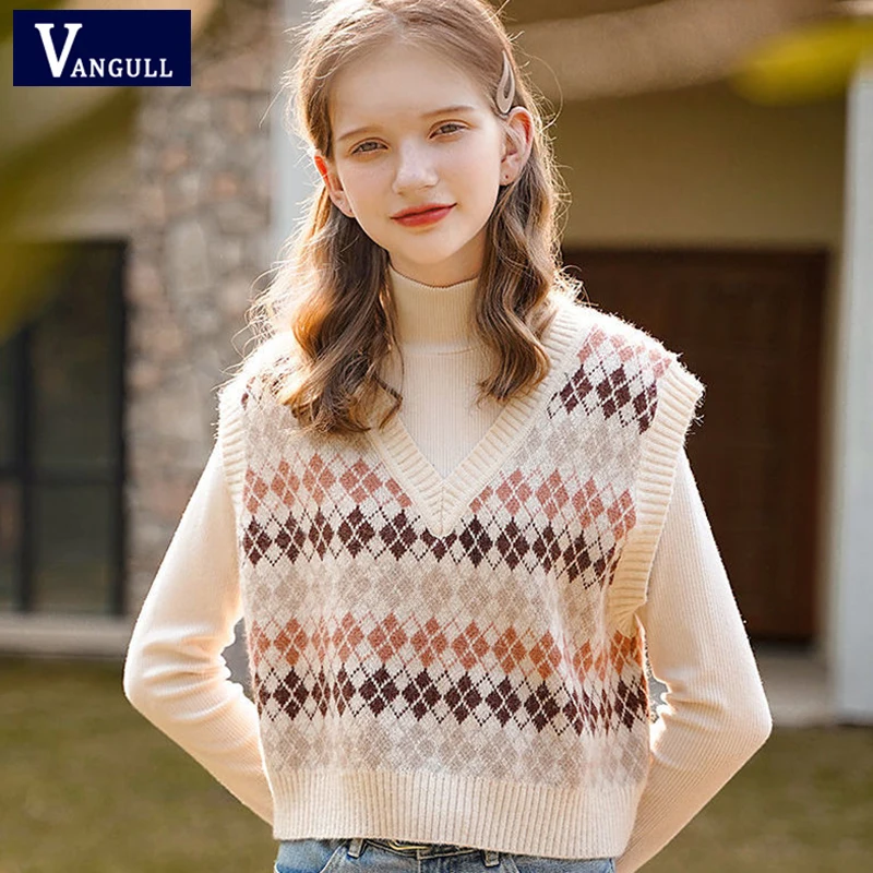 Vangull V-Neck Arygle Knitted Vest Women England Style Loose Pullovers Vest Autumn New Basic Sleeveless Sweater Tank Tops
Vangull V-Neck Arygle Knitted Vest Women England Style Loose Pullovers Vest Autumn New Basic Sleeveless Sweater Tank Tops
