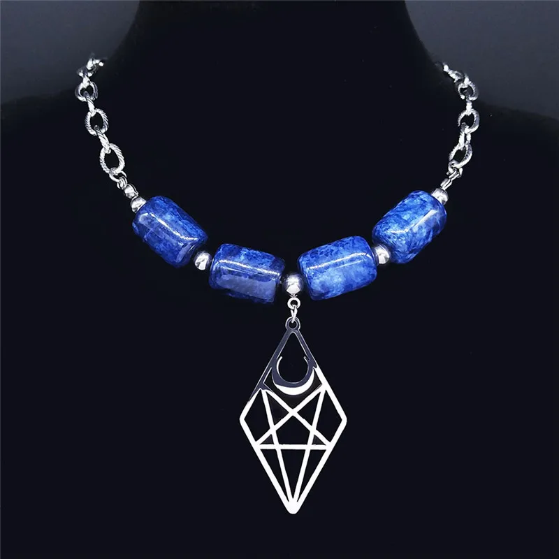 Satan Inverted Pentagram Moon Blue Natural Stone Stainless Steel Necklace Silver Color Chocker Necklace Jewelry cxollar NXS04
Satan Inverted Pentagram Moon Blue Natural Stone Stainless Steel Necklace Silver Color Chocker Necklace Jewelry cxollar NXS04