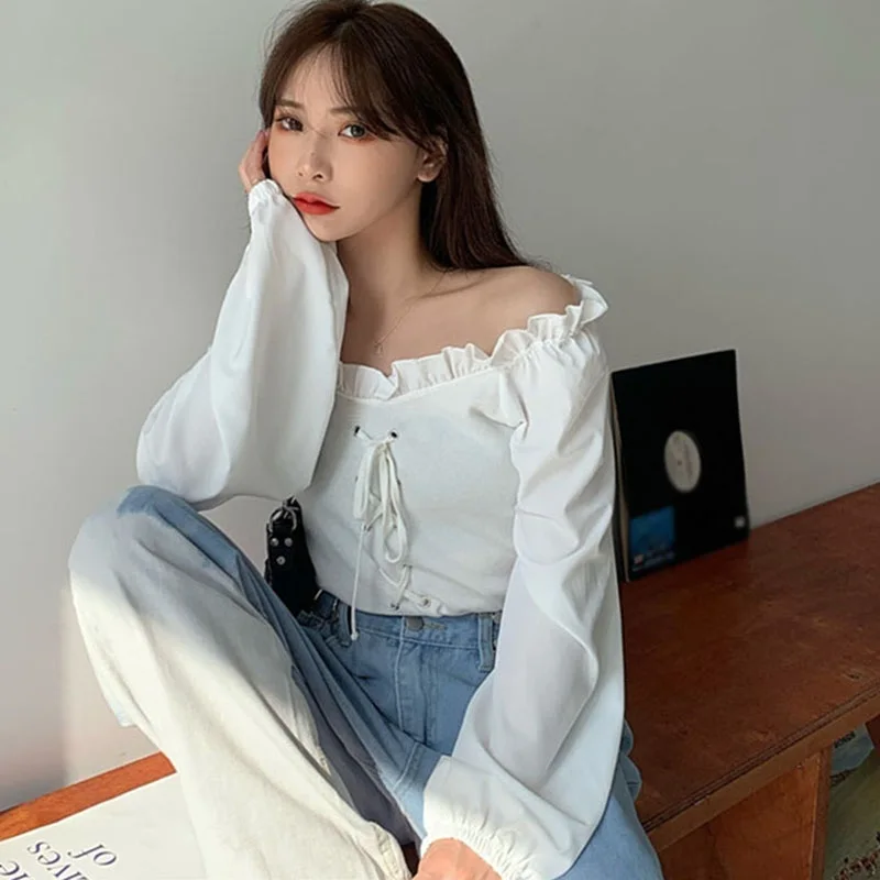 Women One-shoulder Women's Summer Short Slim Sweet Puff Sleeve Chest Tie Short Long-sleeved Shirt 
Women One-shoulder Women's Summer Short Slim Sweet Puff Sleeve Chest Tie Short Long-sleeved Shirt