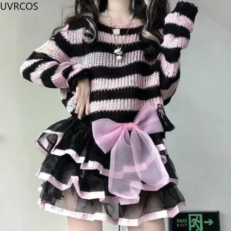 Punk Style Two Piece Set Women Top and Skirt Gothic Stripe Knitted Sweater Harajuku Lace Mini Party Skirts Sets For Girl Clothes
Punk Style Two Piece Set Women Top and Skirt Gothic Stripe Knitted Sweater Harajuku Lace Mini Party Skirts Sets For Girl Clothes