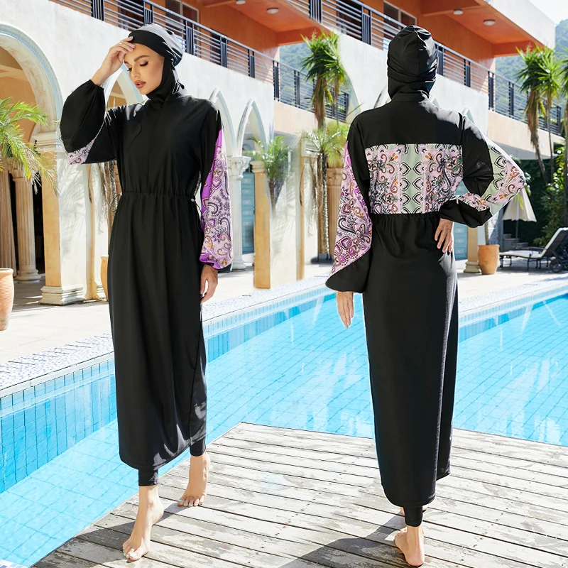 

2022 New Design burkini swimsuit for muslim women lantern Sleeve long robe paisley print drawstring baju renang muslimah