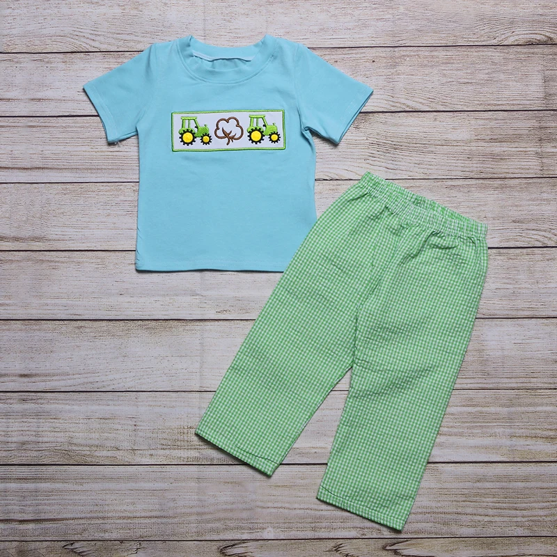 Summer Clothes Blue Short Sleeve Top And Green Plaid Trousers Tractor And Cotton Embroidery Pattern Boys Clothes
Summer Clothes Blue Short Sleeve Top And Green Plaid Trousers Tractor And Cotton Embroidery Pattern Boys Clothes