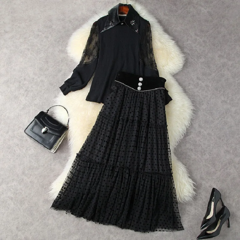 High Quality Sweater Sets 2021 Autumn Winter 2 Piece Set Women Lace Patchwork Knitted Tops+Flock Print Long Mesh Skirt Set
High Quality Sweater Sets 2021 Autumn Winter 2 Piece Set Women Lace Patchwork Knitted Tops+Flock Print Long Mesh Skirt Set