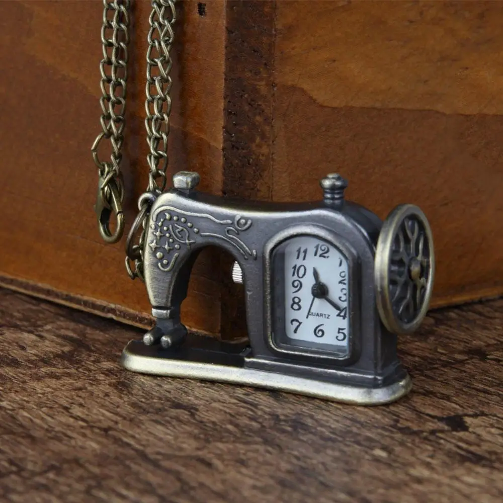 

Vintage Unisex Skeleton Watch Sewing Machine Pendant Chain Necklace Analog Quartz Pocket Watch on Chain Male Women Nurse Watch