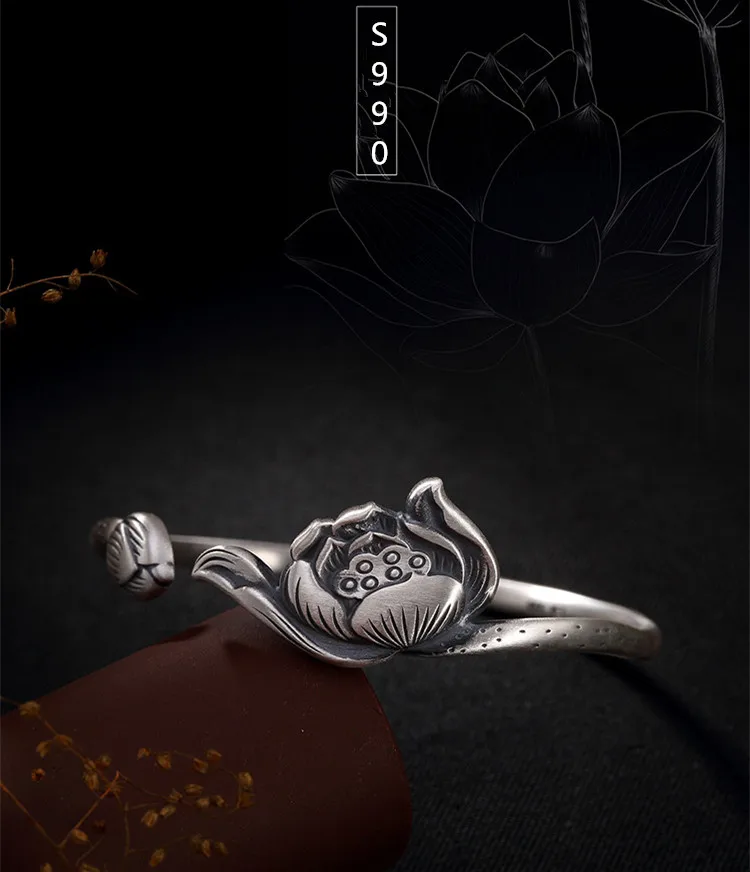 Real S 999 Silver Fine Jewelry Vintage Ethnic Lotus Opening Bangle Buddhism Totem Floral Bijoux Handmade Women Bangles
Real S 999 Silver Fine Jewelry Vintage Ethnic Lotus Opening Bangle Buddhism Totem Floral Bijoux Handmade Women Bangles