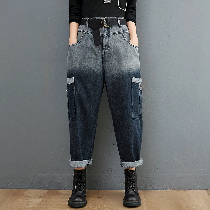 

Women Vintage Harem Jeans Gradual Change Color Vogue Streetwear Loose Casual Denim Pants Elastic Waist Pockets Trousers Autumn
