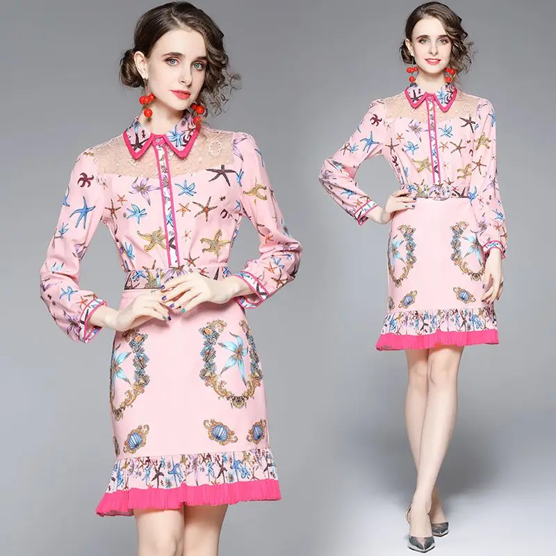 Fashion Runway Skirt Suit Women's Lace Starfish Scallop Print Long Sleeve Shirt Blouse +Sashes Mermaid Skirts 2 Pieces Set 8345
Fashion Runway Skirt Suit Women's Lace Starfish Scallop Print Long Sleeve Shirt Blouse +Sashes Mermaid Skirts 2 Pieces Set 8345