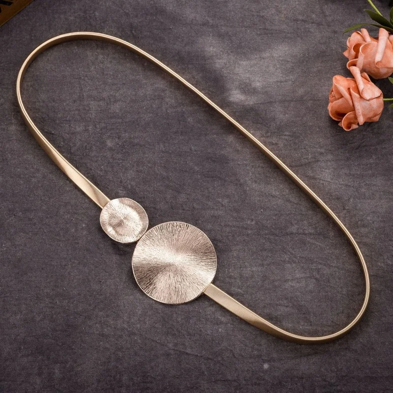 Korean Elastic Metal Waist Silver Gold Chain Belts Female Round Leaf Buckle for Women Dresses Strap Waistband Cummerbunds 
Korean Elastic Metal Waist Silver Gold Chain Belts Female Round Leaf Buckle for Women Dresses Strap Waistband Cummerbunds